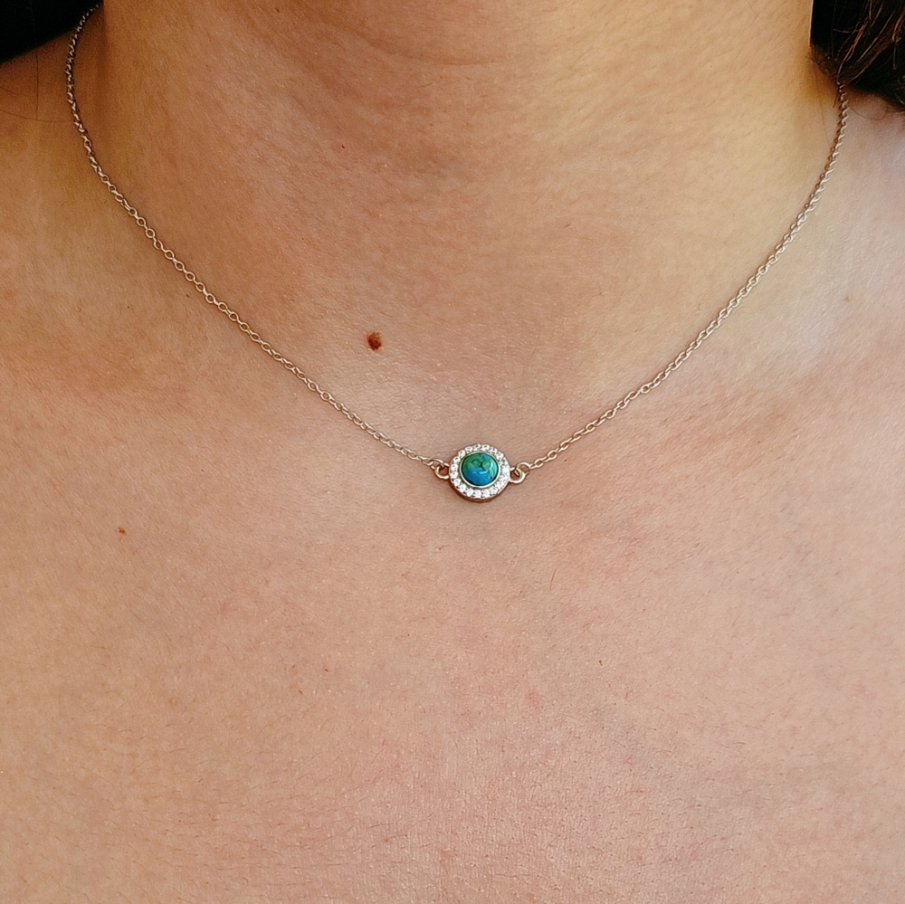 New Sterling Silver Dainty Halo Natural Turquoise Pendant 925 Necklace